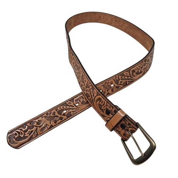 Vintage Size 34 Tooled Western Brown Leather Belt Rodeo Cowboy Boho Hand Stamped - Picture 1 of 2